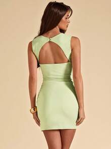 SHEIN BAE Apricot Crew Neck Bodycon Split Mini Dress, Vacation Beach Outgoing Dress, Sexy Minimalist Backless Basic Dress, Spring/Summer - Apricot - View 1