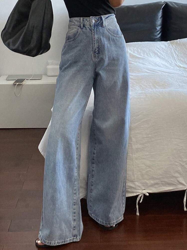 Women's High Waist Pockets Wide Leg Loose Casual Jeans