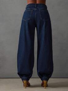 NYA SZN Pantalones vaqueros de tiro alto con pierna de barril abombada, lavado oscuro, para vacaciones, festivales, invierno, primavera, ropa casual de calle para mujeres - Azul lavado oscuro - Ver 6