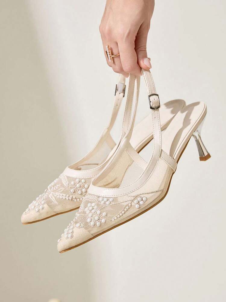 CUCCOO CHICEST Fashion Pointed Toe Beige Embroidered Mesh Pearl Party Elegant Back Lace-Up Stiletto High Heel Pumps For Women For Christmas Elegant Shoes Wedding Shoes Summer Shoes Bride Shoes