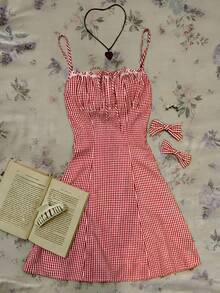 INAWLY Women's Plaid Minimalist Casual Slip Dress - Red - View 1