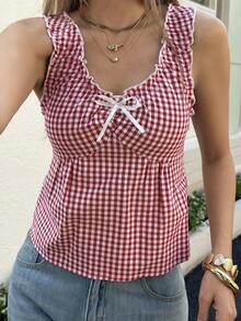 Livesso Áo tank top ôm dáng bằng vải cotton kẻ caro đỏ, có nơ và bèo nhún, thích hợp cho kỳ nghỉ hè. - Đỏ và trắng - Xem 3