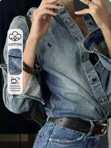 Livesso Chaqueta de algodón vaquero casual de primavera con patrón desgastado y cuello vuelto para mujer - Azul lavado medio - Ver 1