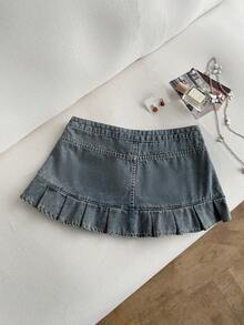 Elamini Women's Pocketed Button Pleated Casual Versatile Date Outing Denim Mini Skirt - Blue - View 2