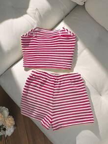 Sparklyn 两件套女童Y2K风格黄白条纹配套内衣套装，饰有3D海星刺绣，泡泡质感面料，抹胸式上衣配隐形肩带和平角内裤，柔软舒适，甜美海滩度假风，适合夏季穿着 - 紅色 - 查看 2