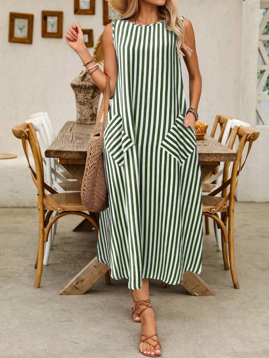 EMERY ROSE Women's Casual Striped Bamboo Knot Sleeveless Pocket Design Dress, Spring/Summer - Green - View 1