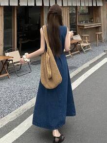 DAZY Đầm denim dài không tay cổ tròn đính cúc ngọc trai dành cho nữ, kiểu dáng thường ngày. - Rửa tối - Xem 4