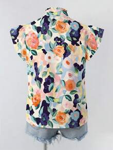 Franclia Women Boho Ruffle Random Print Notched Neck Regular Cap Sleeve Shirt - Blue - View 2