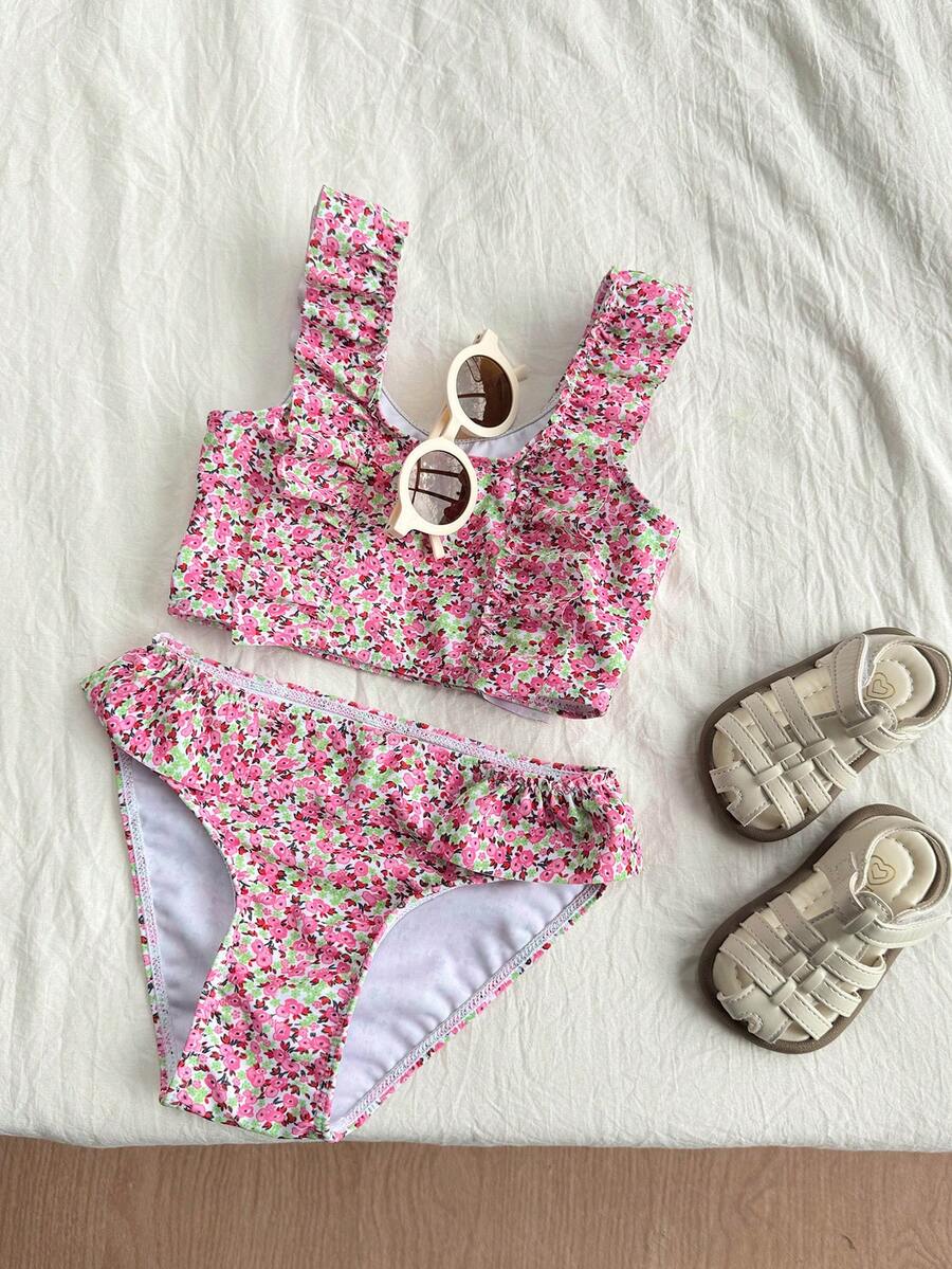 Dazy Kids Bộ đồ bơi tankini viền bèo họa tiết hoa dành cho bé gái (cỡ nhỏ). - Hồng - Xem 1