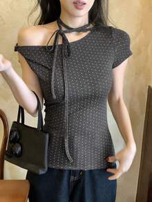 DAZY Women's Casual Off-Shoulder Tie-Neck Fitted Polka Dot Sleeveless T-Shirt - White - View 4