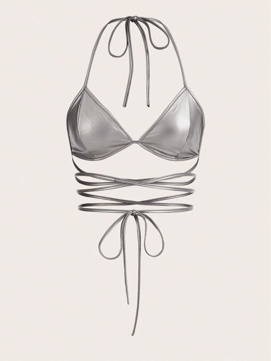 SHEIN X Doris Jocelyn SHEIN ICON Cà vạt chéo hở lưng bằng da PU Dây buộc dây màu bạc - Bạc - Xem 1