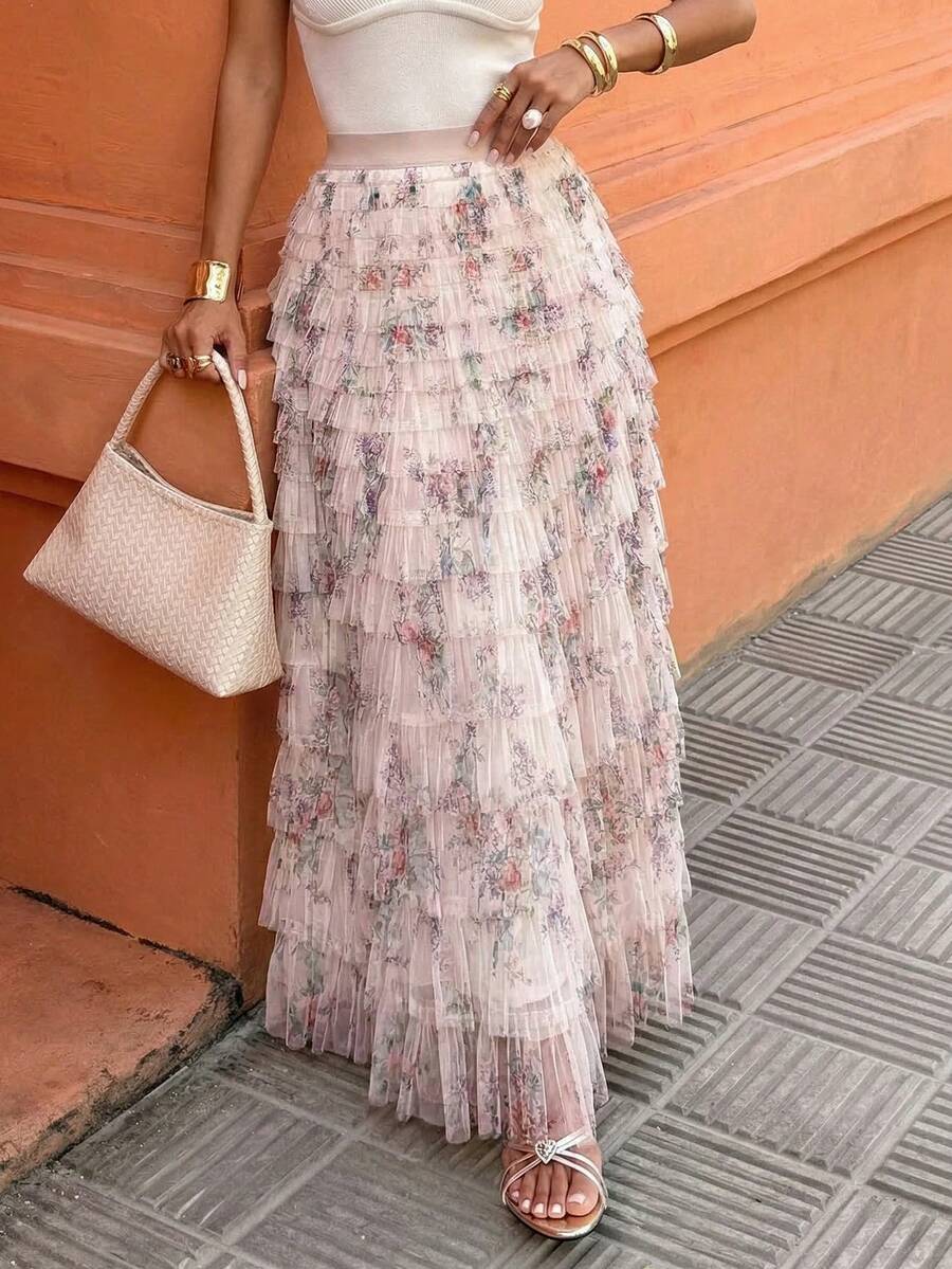 Elenzga Women's Romantic Floral Mesh Skirt For Vacation Fall Cloth For Women - Multicolor - View 1
