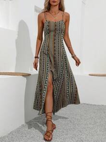 EMERY ROSE Gaun Maxi Wanita Gaya Boho Vintage dengan Motif Cetak, Tali Bahu Tipis, Belahan Samping Tinggi, Warna Hijau Tua untuk Liburan Pantai Musim Panas - Hijau - View 6