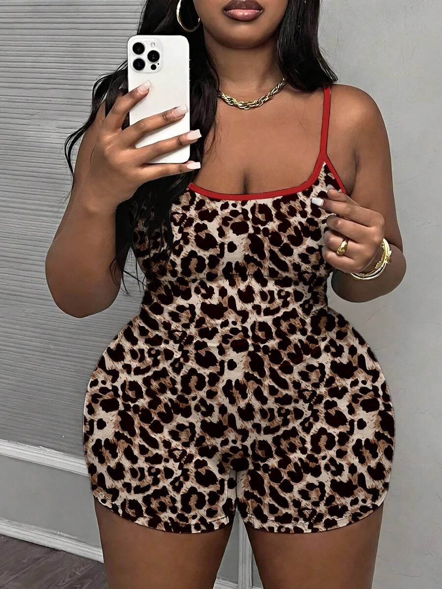 Slaydiva Plus Size Women Leopard Print Sleeveless Jumpsuit Vacation Outfit Sets S Summer Outfits Womans 2 Piece Two Short - Multicolor - View 1