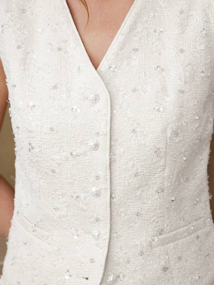 WOMEN'S TEXTURED CONTRAST SEQUINS AND FAUX PEARLS DETAIL BLAZER VEST , SUITABLE FOR DATES IN SPRING/SUMMER