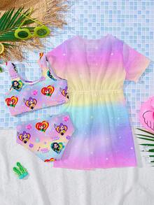 SHEIN 少女夏季时尚海滩度假可爱卡通渐变印花比基尼三件套，带抽绳轻薄罩衫 - 彩色 - 查看 5