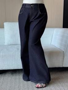 Dazy Plus 深洗蓝色腰带拼布抽绳直筒长牛仔裤，四季皆宜 - 深色水洗藍 - 查看 5