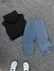 SHEIN Little Byeori 两件套儿童男童休闲韩版字母印花连帽T恤和直筒宽松纯色长裤套装，适合上学、花园、海滩、生日、春、夏、秋、冬等场合穿着。 - 彩色 - 查看 4