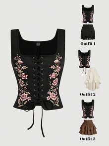 SHEIN MOD 女士系带印花吊带背心 - 黑色 - 查看 3