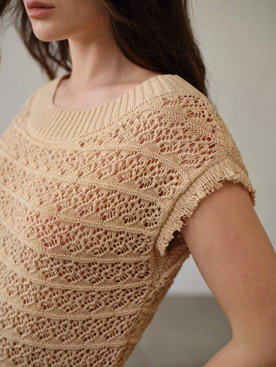 MOTF PREMIUM HOLLOW TEXTURED BAT WING KNIT SWEATER - Apricot - View 2