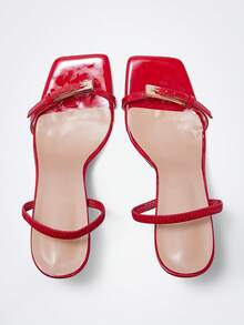 Maija Sapatos femininos de salto alto elegantes e sensuais com bico quadrado e fivela. - Vermelho positivo - Ver 5