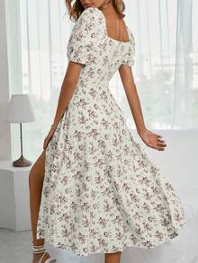 Breezaya Vestido maxi de impresión floral con cuello cuadrado y abertura alta para vacaciones y playa para mujeres - Albaricoque - Ver 2