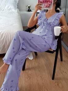 SHEIN 2pcs Summer Ruffled Trim Striped Bow Print Pajama Set - Purple - View 6