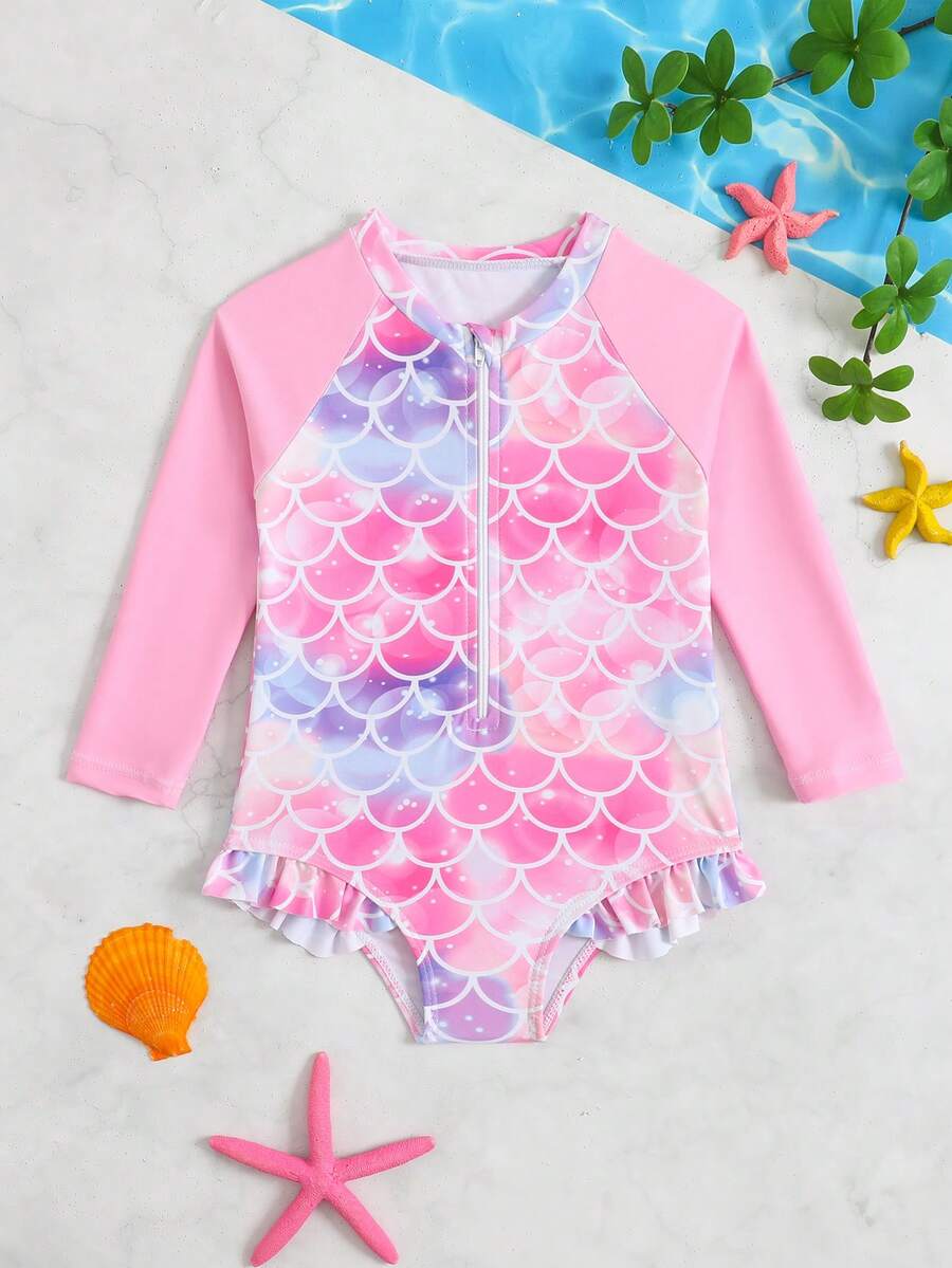 Maiô infantil para meninas, estampa fofa de escamas de sereia rosa, shorts de manga comprida em tricô rosa com barra franzida, zíper frontal, maiô de uma peça com estampa digital, moderno, casual e elegante, ideal para natação, férias e verão. Camiseta de proteção solar para bebês. Maiô infantil de manga comprida com proteção solar. Roupa de praia infantil para meninas. Maiô infantil com proteção solar e estampa de sereia. Maiô infantil de manga comprida com estampa de sereia. - Rosa - Ver 1