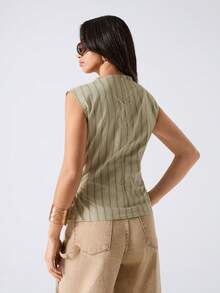 LYSMO 女士条纹无袖褶皱系带时尚背心，夏季 - 橄欖綠 - 查看 2
