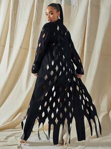 Vixey 激光切割缺口领长款牛仔风衣 - 深色水洗藍 - 查看 2