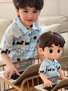 DAZY Tween Boy Dog Print Single-Breasted Short Sleeve Top And Pants Casual Loungewear Pajama Set - Blue - View 7