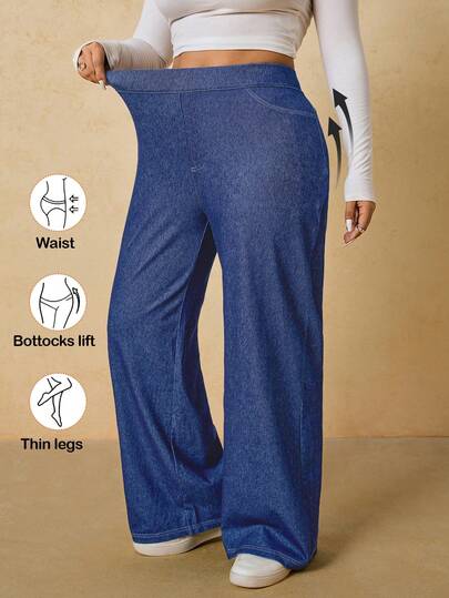 SHEIN Tall CURVE Quần jean nữ cỡ lớn cạp chun ống rộng dáng rộng thoải mái