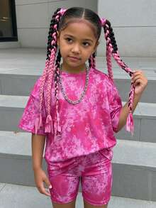 Young Girl Tie-Dye Print Round Neck Short Sleeve T-Shirt And Shorts Casual Set,Girls Outfit Sets,SummerOutfit,Utilitarian Chic - Pink - View 4