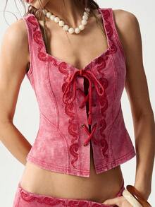 Bohemela Áo tank top nữ mùa hè kiểu dáng thường ngày, thêu họa tiết, dây chéo. - Đỏ - Xem 7