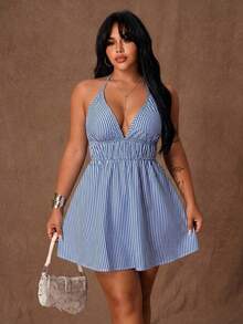 Rustia Plus Size Women Striped Print Halter Backless Casual Vacation Dress - Blue - View 1