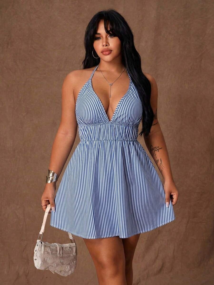 Rustia Plus Size Women Striped Print Halter Backless Casual Vacation Dress - Blue - View 1