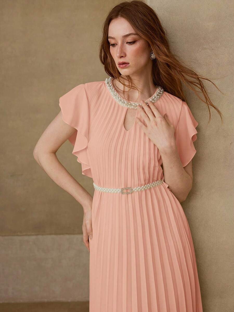 MOTF PREMIUM WOMEN'S ELEGANT DATE PLEATED RHINESTONE TRIM SHORT SLEEVE LONG DRESS, SPRING/SUMMER - Pink - View 2