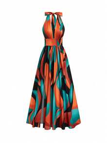 Elenzga 新款法式休闲优雅性感高端设计V领露背吊带A字开衩无袖长裙，红绿花卉印花，高品质精致女装 - 彩色 - 查看 5