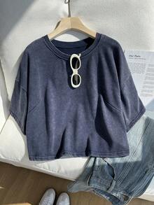 Comfortcana Plus Size Cream Washed Snow Flake Short Sleeve T-Shirt, Spring - Navy Blue - View 5