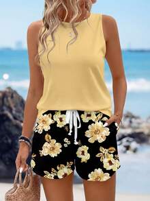 Sylviya 2 件套女士花卉印花无袖圆领吊带背心和短袖上衣，适合夏季外出和度假 - 彩色 - 查看 1