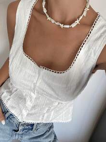 Strévra Casual Vacation Style Textured Striped Sleeveless Open Front Cropped Top, White, For Spring & Summer Babydoll Top - White - View 2