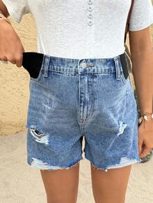 SHEIN Maternity Distressed Frayed Hem Denim Shorts,Summer Smart Casual Blue High Waisted Ripped Jean Shorts With Pockets,Women's Elastic Waist Comfy Shorts - Blue - View 7
