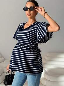 MaterniWear Camiseta de manga corta con cuello en V y rayas para mujeres embarazadas, de verano - Azul - Ver 7