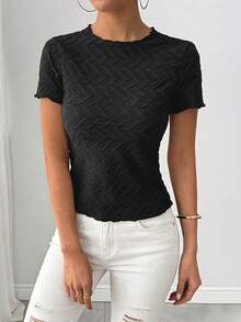 SHEIN Clasi 优雅纹理面料短袖T恤，春夏款 - 黑色 - 查看 4