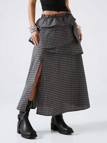 LYSMO 女士格子印花荷叶边开衩休闲半身裙 - 藏蓝色 - 查看 3