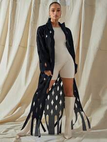 Vixey 激光切割缺口领长款牛仔风衣 - 深色水洗藍 - 查看 3