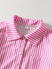 SHEIN Bộ 3 món dành cho nữ tuổi teen, gồm áo sơ mi kẻ sọc dáng rộng, thiết kế trước ngắn sau dài, áo tank top in hoa và quần ống rộng, phù hợp cho mặc hàng ngày, đi làm, dạo chơi, du lịch, dự tiệc và chụp ảnh đường phố. - Màu Hồng Tươi - Xem 4