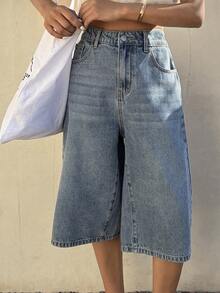 Women's Casual Everyday Wear Denim Bermuda Shorts With Pockets Jorts Summer - Blue - View 3
