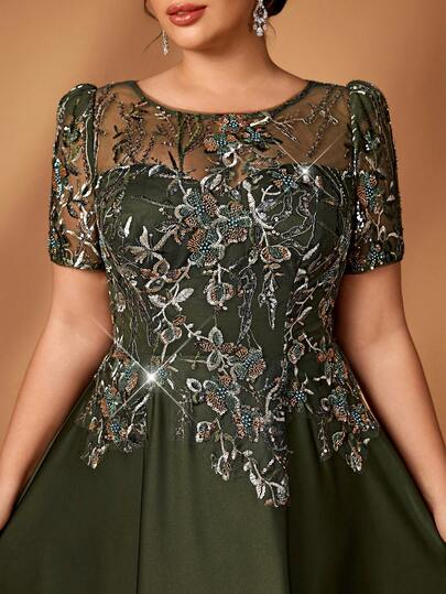 Serin Đầm xòe sang trọng, thanh lịch màu xanh lá cây, cổ tròn, tay ngắn, cỡ lớn, đính sequin lấp lánh, phù hợp cho đám cưới, tiệc tùng, sự kiện trang trọng, hoặc dành cho mẹ cô dâu.