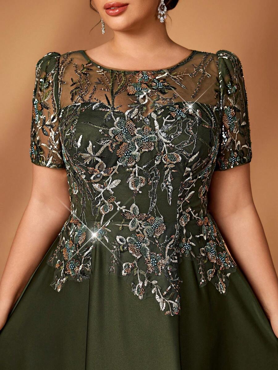 Serin Plus Size Elegant Romantic Green Round Neck Short Sleeve Luxury Sequins Embellished Flared Dress, Suitable For Wedding, Party, Formal Events, Mother Of The Bride Gown - Green - View 1